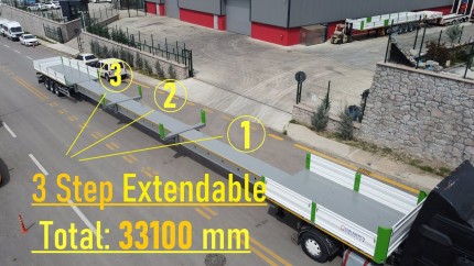 3 Step Extendable Drop Side Semi Trailer. Closed Length: 13600 mm Extended Length: 33100 mm.